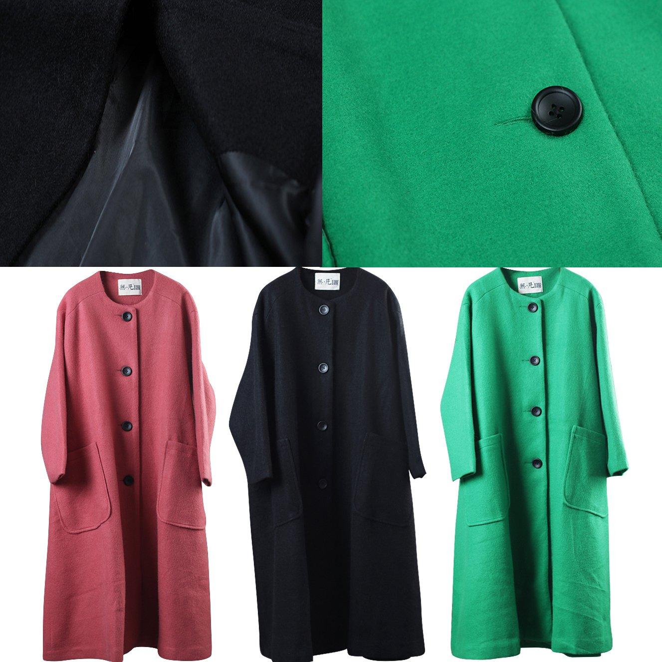 New green coats trendy plus size o neck Winter coat vintage pockets large hem long coat - Omychic
