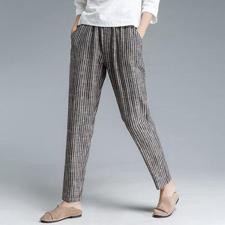 Plus Size Stripe Cotton Linen Women Pants - Omychic