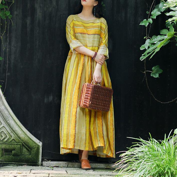 Style o neck pockets linen clothes stylish Sleeve yellow striped cotton Dress Summer - Omychic