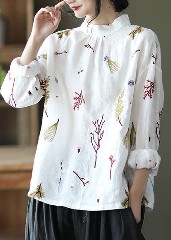 White Floral Linen Stand Collar Shirt Top Long Sleeve