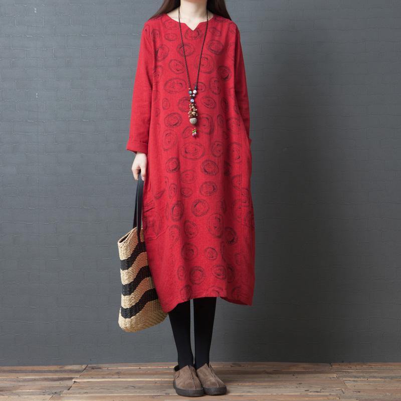 Women patchwork Cotton tunic pattern Korea Neckline red prints daily Dresses spring - Omychic