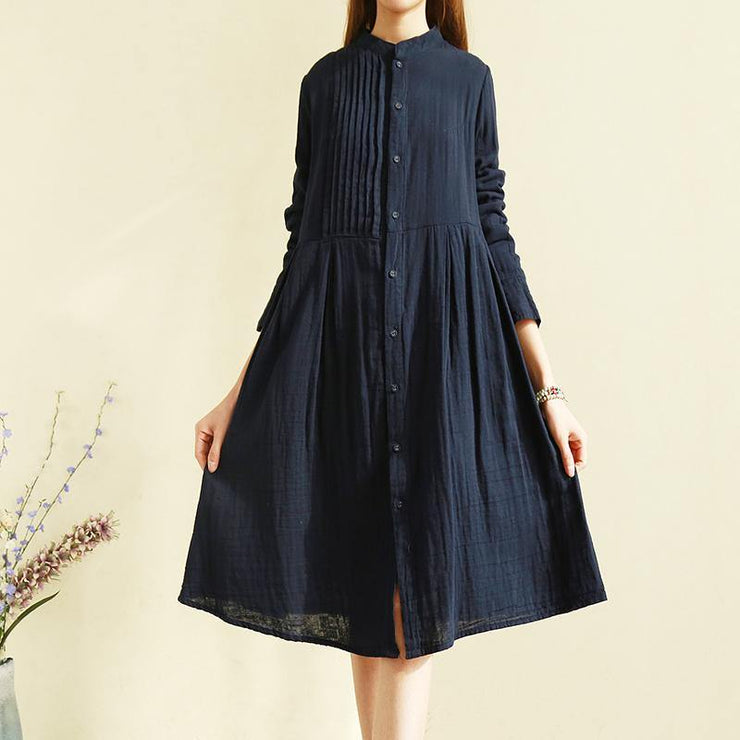 Women stand collar wrinkled cotton linen clothes For Women Organic Inspiration navy Midi Dresses - Omychic