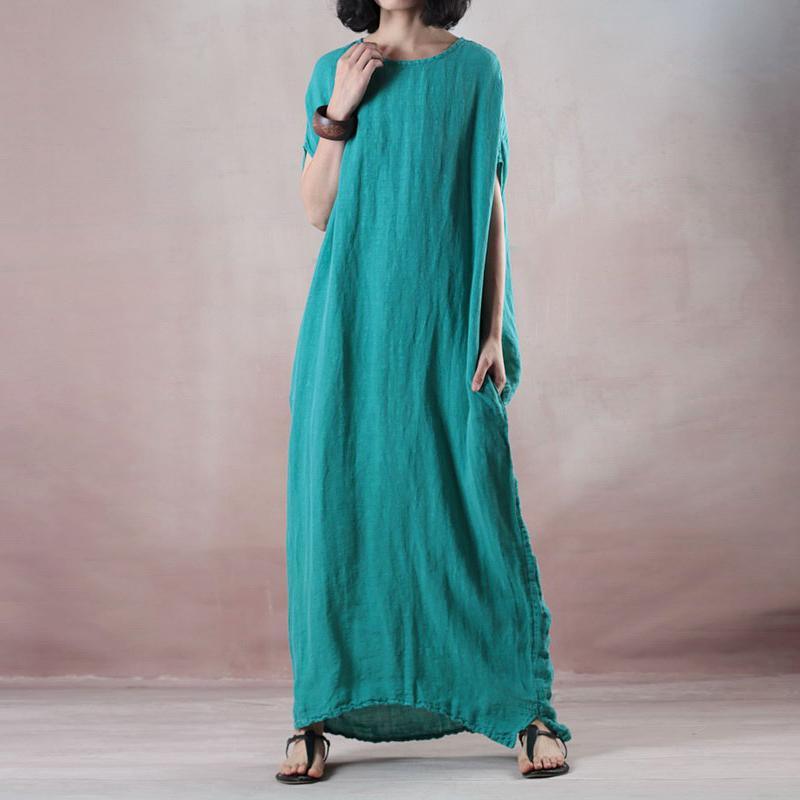 Italian blue print linen dresses Vintage Tunic o neck pockets long Sum –  Omychic