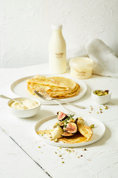 Caramalised Fig Pancakes with Pistachios, Honey and Dalewood Crème Fraiche