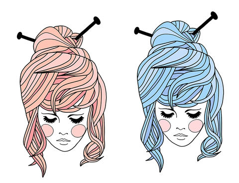 A drawing of a girl with knitting needles in her hair, in both a pink and blue variant