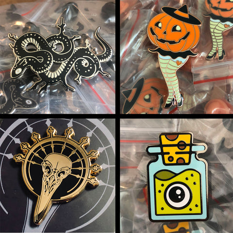 a collage of hard enamel pins