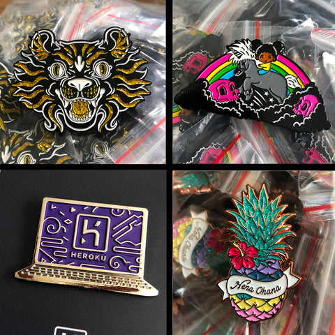 a collage of soft enamel pins