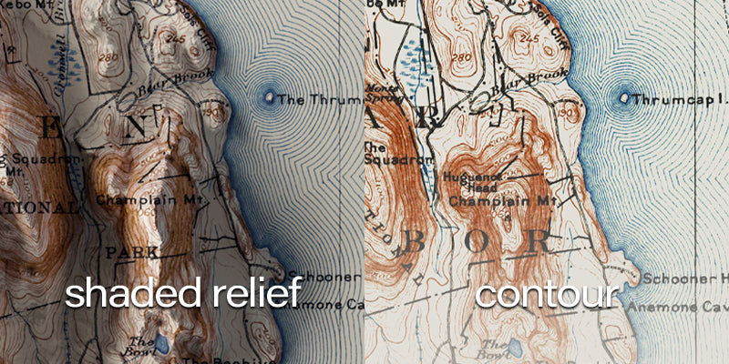 Comparison between shaded relief map and contour map