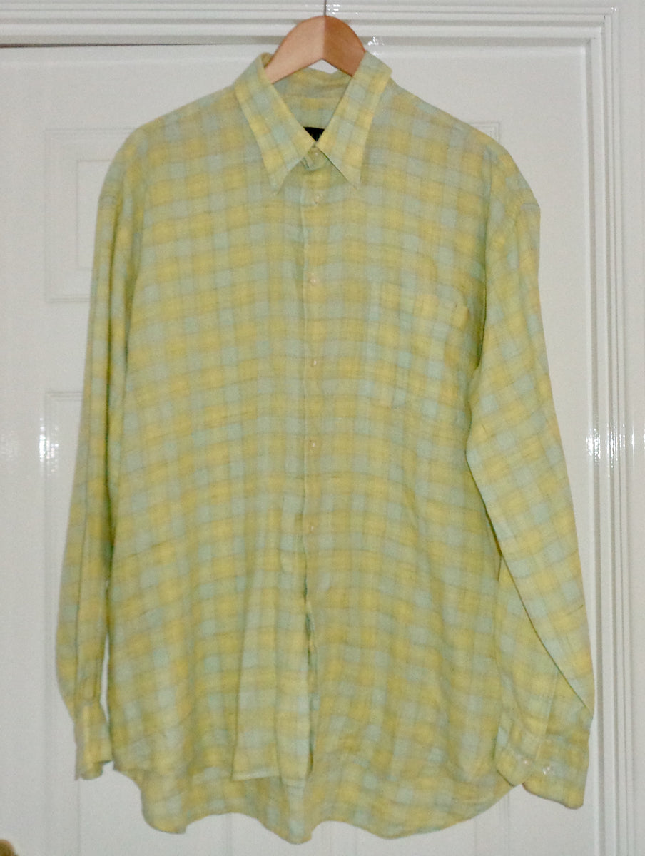 Vintage Dunhill Yellow & Blue Check Long Sleeve 100% Linen X-Large Shi ...
