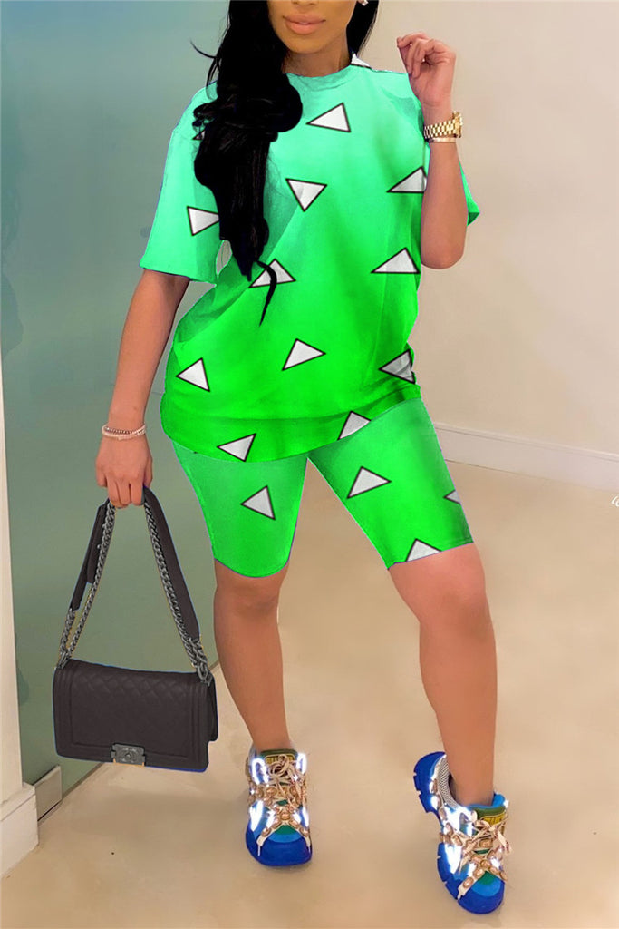 Triangle Print Short Sleeve Ombre Two Piece Sets