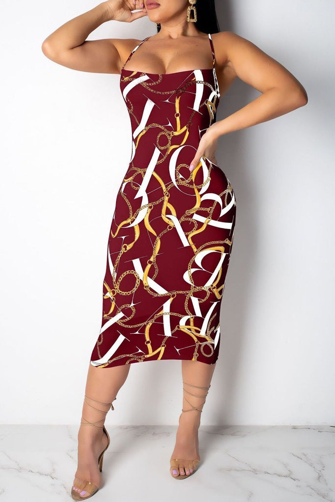 Open Back Sleeveless Printed Midi Dress