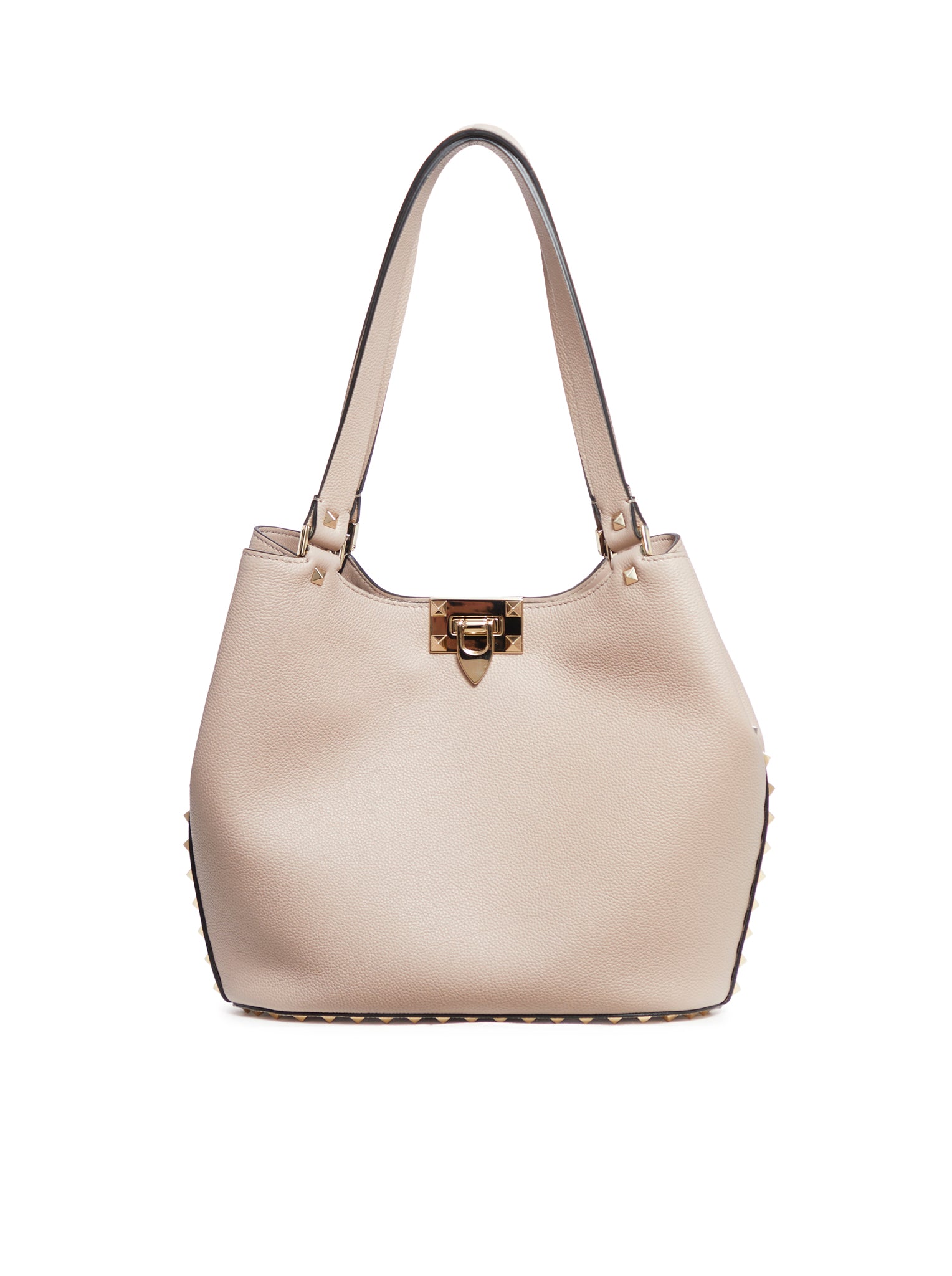 Shop Valentino Tote Rockstud Vitello Small In Nude & Neutrals