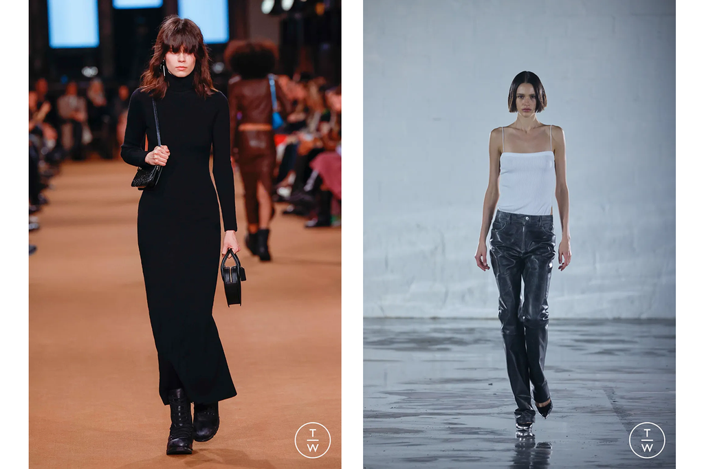 (Left) Black Coach maxi dress featuring a roll neck, full sleeve and fitted silhouette. (Right) Helmut Lang white spaghetti strap tank top paired with black leather trousers.