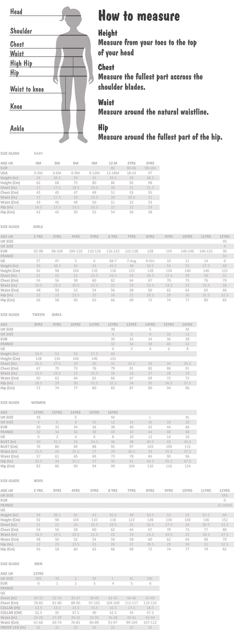 Size Charts for Men, Ladies, Tween, Girls, Boys and Babies