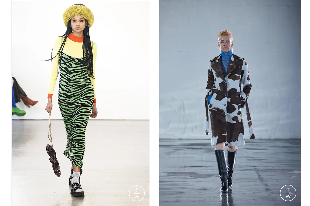 (Left) Green and black Colin Locascio zebra print midi slip dress over yellow fitted top with contrasting red piping. (Right) Brown cow print Helmut Lang trench coat over a blue turtle neck with knee high leather boots.