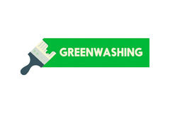 A thick green stripe with the phrase 'GREENWASHING' inside, with a paintbrush to the left-hand side.