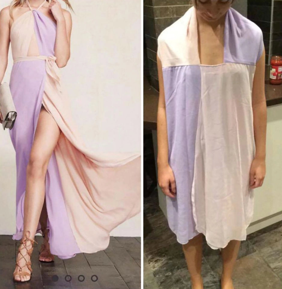 Online shopping can often be frustrating with ill-fitting and inconsistent sizing. The image shows the expectation vs the reality and expectation of buying clothing online. Image: Splitpics.uk