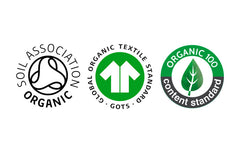 The Organic Soil Association, GOTS and Organic Cotton logos.