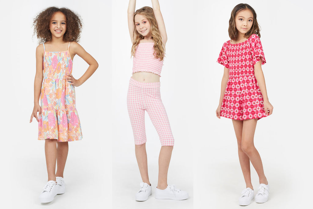 Girls wearing tween fashion from Gen Woo in retro florals and gingham print