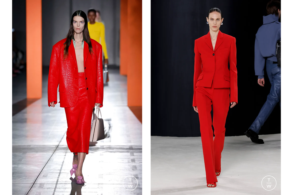 (Left) Red Prada oversized leather blazer and midi a-line skirt. (Right) Ferragamo red fitted pantsuit featuring a single breasted blazer and matching strappy heels.