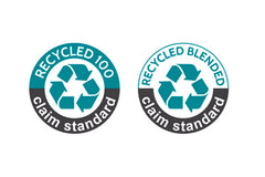 The Claim Standard 'Recycled 100' and 'Recycled Blend' logos featuring the blue, three-arrow recycling emblem.