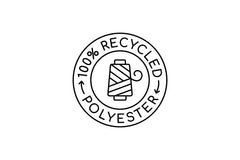 A badge stating '100% Recycled Polyester' with a spool of yarn at the centre.