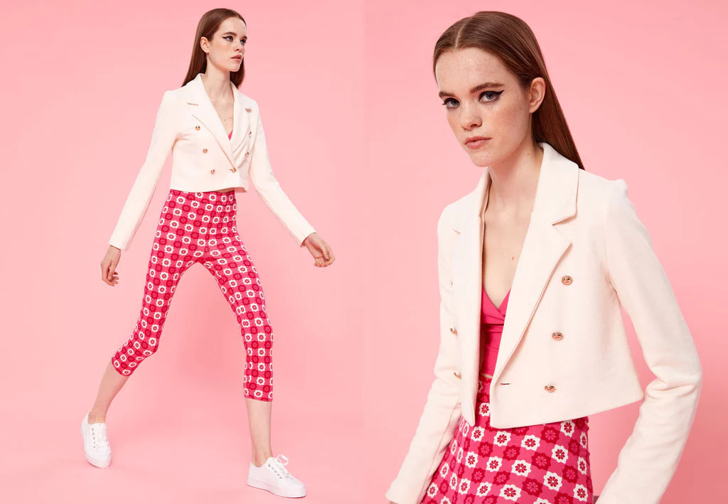 Woman wearing Gen Woo ladies cropped pink blazer from the Retro Psychedelia collection