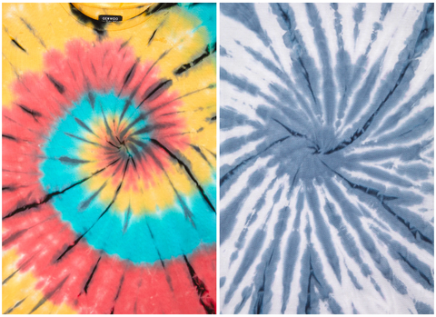 Classic tie-dye techniques. (L-R) A close-up of the Multicolour Spiral Boys Tie-Dye T-Shirt and Navy Blue and White Boy’s Tie-Dye T-Shirt by Gen Woo.