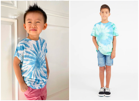 (L-R) A young boy modelling the Blue and White Spiral Boys Tie-Dye T-Shirt by Gen Woo, paired with colour-blocking pink shorts. A teen boy wears the Aqua and Mint Spiral Boys Tie-Dye T-Shirt by Gen Woo paired with denim shorts and trainers.