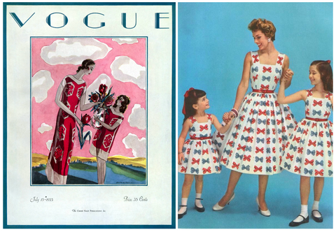 (L-R) A 1925 cover of American Vogue featuring an illustration of a mother and daughter in identical red and white print dresses, picking flowers. Image: Joseph B. Platt/Condé Nast. Two daughter’s wearing a matching bow print dress with their mother in a 1950s-style fashion advertisement. Image: TyrannyofStyle.