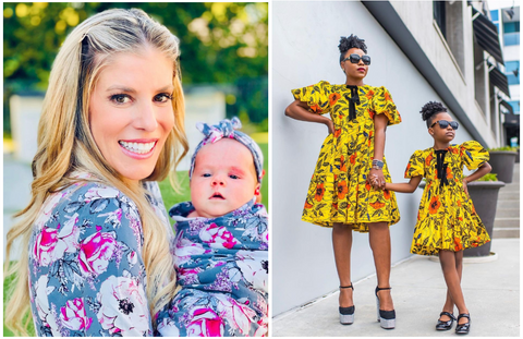 (L-R) Social media influencer and YouTube vlogger Rebecca Zamolo and her daughter wearing matching print outfits. Image: @rebeccazamolo. Social media ‘mumfluencer’ and digital creator Titilola Sogunro wearing a matching mini-me dress with her daughter. Image: @titispassion
