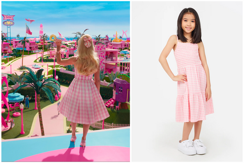 (L-R) Margot Robbie wearing a pink gingham dress with a matching hair bow as she waves overlooking Barbieland. Image: Warner Bros. A teen girl models the Girls Pink Gingham Tiered Dress by Gen Woo.
