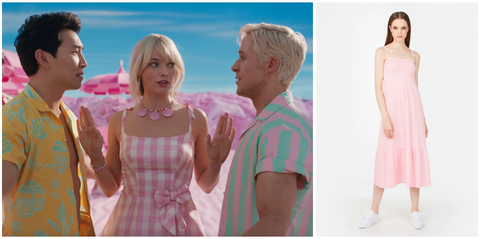 (L-R) Margot Robbie breaks up a disagreement between two Ken’s, Ryan Gosling and Simu Liu, wearing another iteration of Barbie’s pink gingham dress with pink shell necklace. Image: Warner Bros. Credit: Elle. The model wears the Pink Gingham Ladies Maxi Dress by Gen Woo.