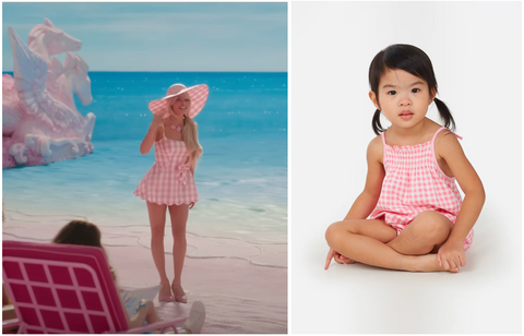 (L-R) Margot Robbie hits the beach wearing a cute pink gingham print mini dress with an accompanying sun hat. Image: Warner Bros. Credit: YouTube. The young girl wears the Pink Gingham Check Retro Baby Romper by Gen Woo.