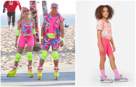 (L-R) Margot Robbie and Ryan Gosling in character wearing 80s-inspired hot pink and neon yellow athleisure looks. Image: Warner Bros. The teen girl wears the Pretty Pink Girls Cycling Shorts and the Girls Retro Floral Print Bubble Top by Gen Woo
