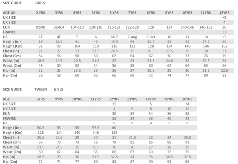 Gen Woo size chart showing the age and size measurements for girls and teen clothes. (Gen Woo)