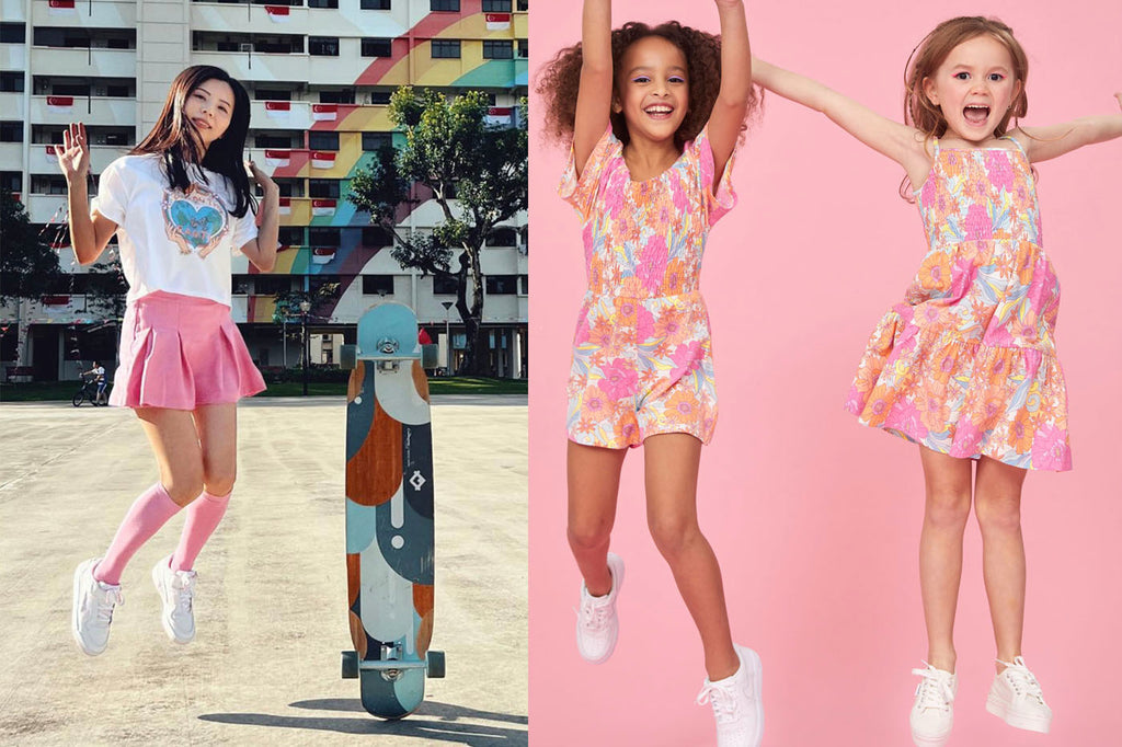 Tween fashion showing skater girl jumping in mini skorts and girl in playful jumpsuit of Spring flowers by Gen Woo.