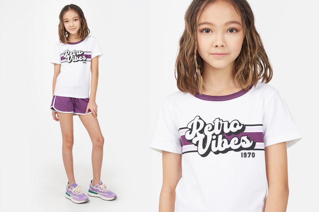 Retro vibes slogan t-shirt for tween girl
