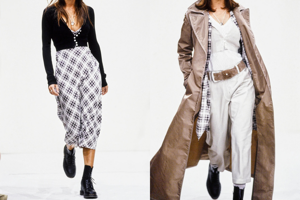 Perry Ellis SS93 by Marc Jacobs: (Left) Crop black cardigan, plaid midi dress and Dr Martens, (Right) Beige trench coat, flannel shirt, white sweater and cropped ecru trousers.