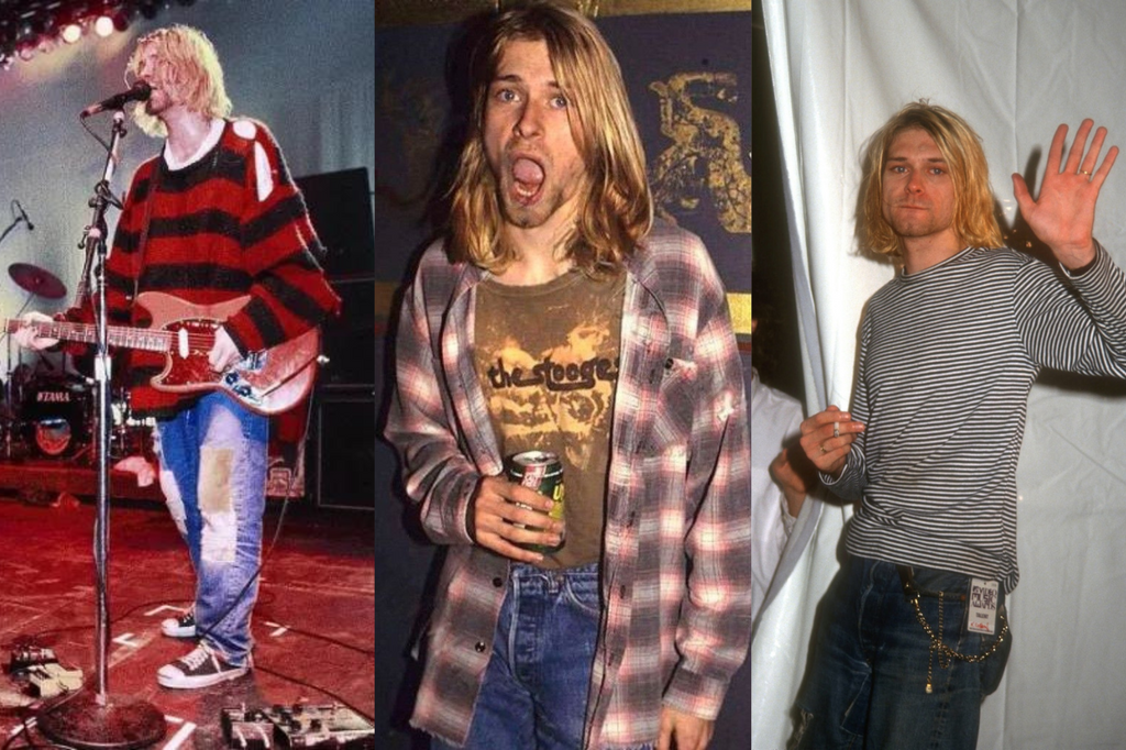 Nirvana frontman Kurt Cobain in some of his more iconic grunge outfits: predominantly stripes, denim and plaid.