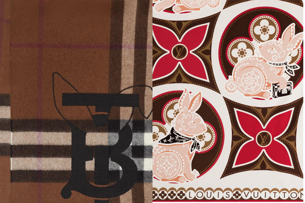 (Left) Burberry scarf for ‘The Year of the Rabbit’ campaign, (Right) Louis Vuitton’s ‘Precious Rabbit’ silk scarf.