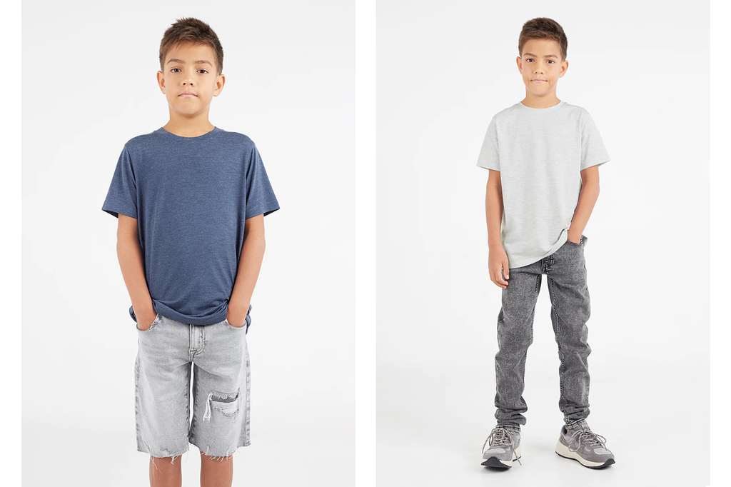 (Left) Boy wears ripped grey acid wash shorts for boys with a Gen Woo navy blue t-shirt. (Right) Boy wears Gen Woo light grey t-shirt with boys acid wash jeans.
