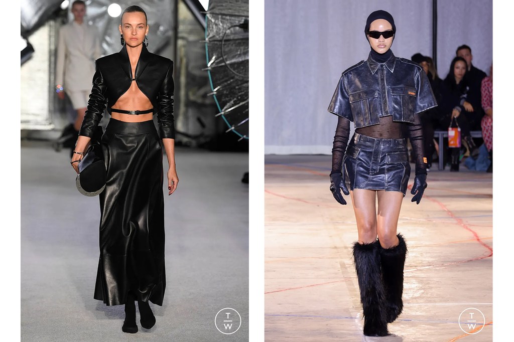 (Left) Black leather Brandon Maxwell maxi skirt with co-ordinating funnel collar crop leather jacket and thin waist belt. (Right) blue-black Heron Preston leather co-ord featuring mini skirt and crop shirt with utility-style pockets and black sheer accents.