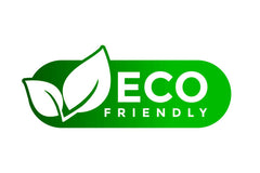 Green and white 'eco friendly badge' featuring a leaf symbol.