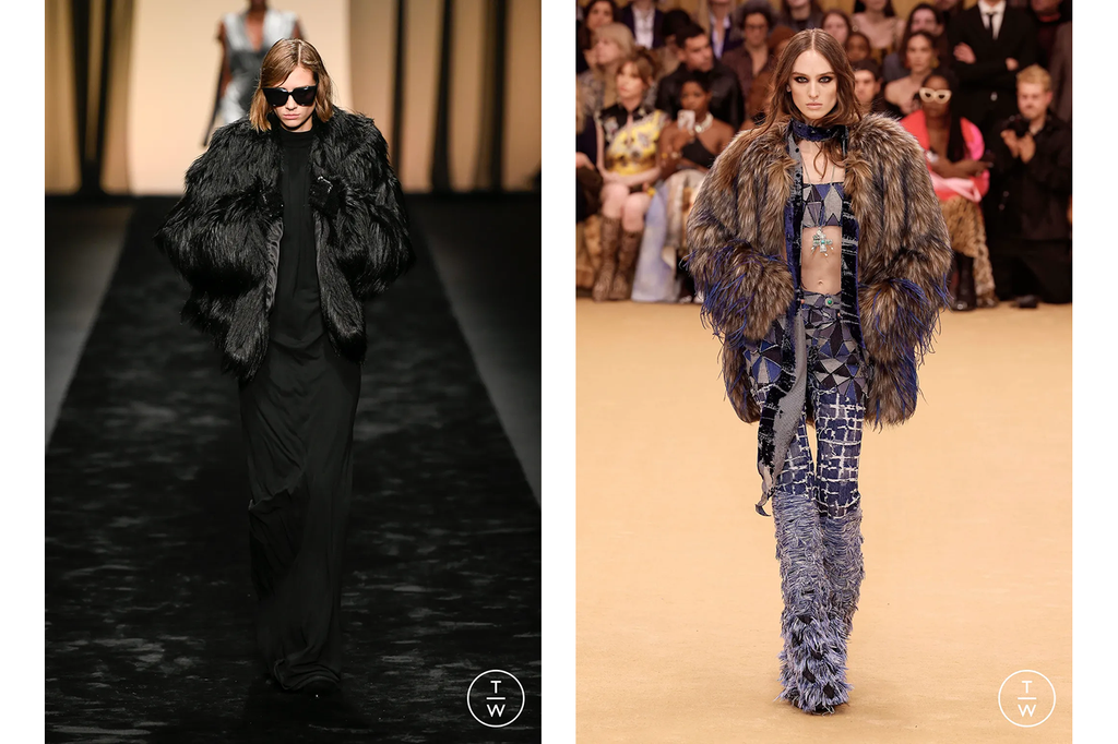 (Left) Black Alberta Ferreti fur coat layered over a black maxi dress. (Right) Roberto Cavalli oversized fur jacket in shades of brown, white and black with indigo accents.