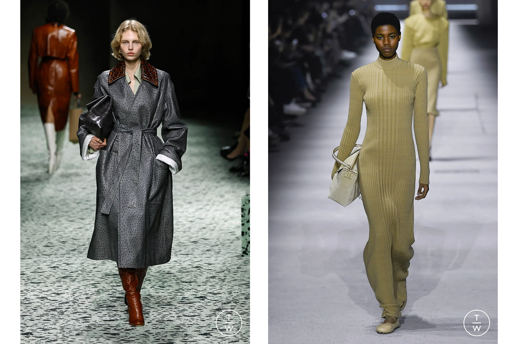(Left) Leather Bottega Veneta trench coat in charcoal grey with tortoiseshell collar. (Right) Tod’s sand-coloured fine knit maxi dress with a funnel neck, full sleeve and fine rib material.