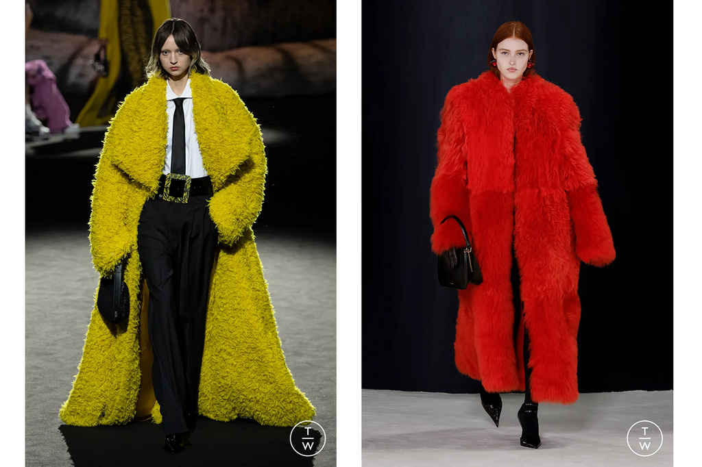(Left) Yellow floor-length GCDS fur coat over black trousers, white shirt and black necktie. (Right) Red ankle-length Ferragamo fur coat with contrasting panelling.