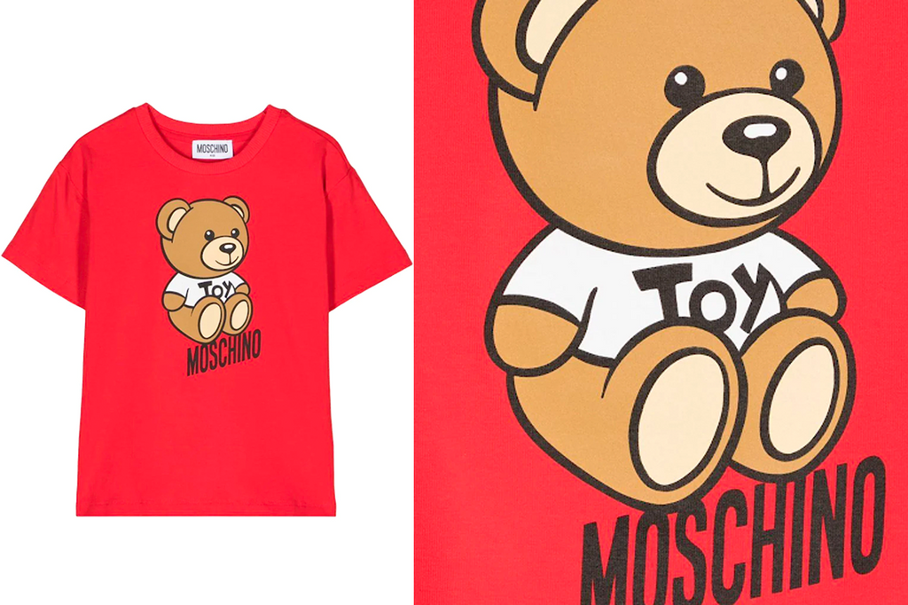 Red crew neck with teddy bear motif and 'MOSCHINO' graphic.