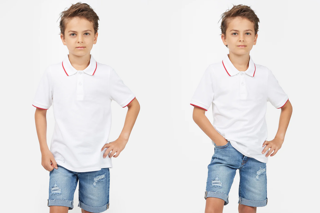 Young boy wears White Contrast Boys Polo T-Shirt by Gen Woo, with distressed blue denim shorts.