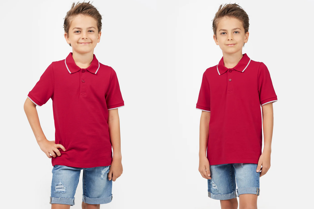 Boy wears a red polo t-shirt with white piping by Gen Woo, with knee-length blue denim shorts (lightly distressed).
